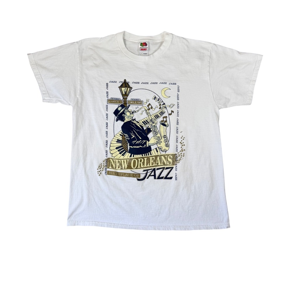 VTG Fruit of the Loom New Orleans Jazz Graphic T-Shirt Mens Large White Musical